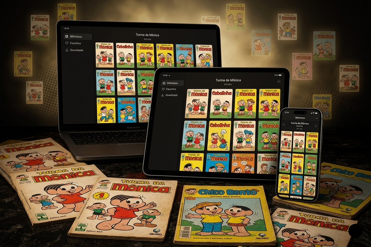 Acervo digital da Turma da Mônica em laptop, tablet e celular